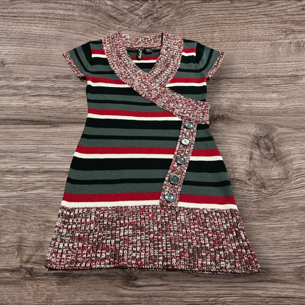 Red Paint Striped V Neck Mini Sweater Dress Short Sleeve Red Black Gray
